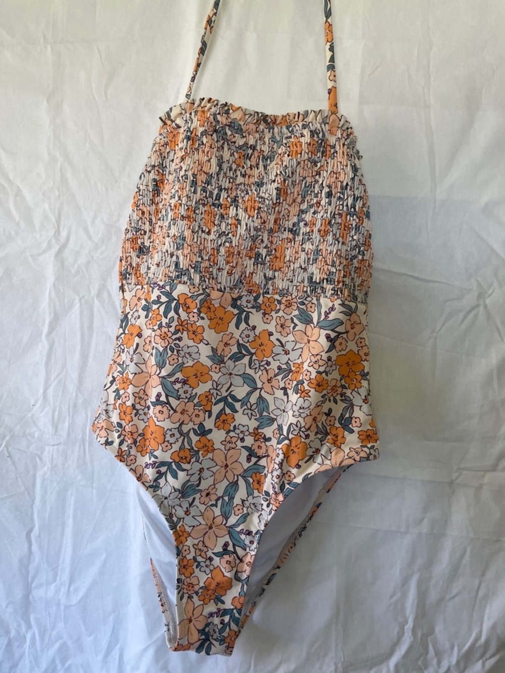 Floral Shirred Halter Skirted Swimsuit - Orange Floral